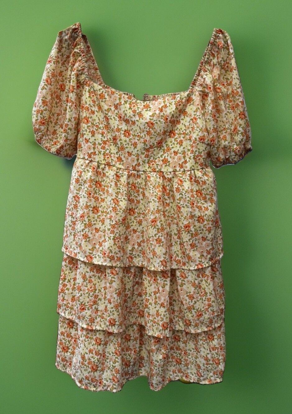 Altar’d State Women M Mini Floral Dress Orange Coral White Lined Ruffle Puff